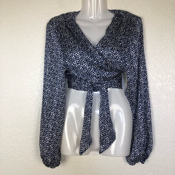 VICI Sheer Navy Polka Dot Metallic Thread Wrap Long Sleeve Blouse size Medium - Picture 2 of 12